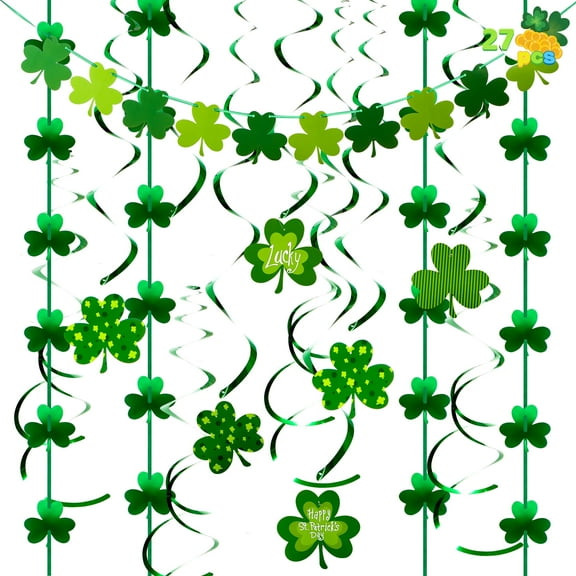 Joyfy 27 Pcs St. Patrick's Day Decoration with Irish Saint Patrick Green Shamrock Foil Strings, Hanging Swirls with Garland Ceiling Hanging and Wall Decor