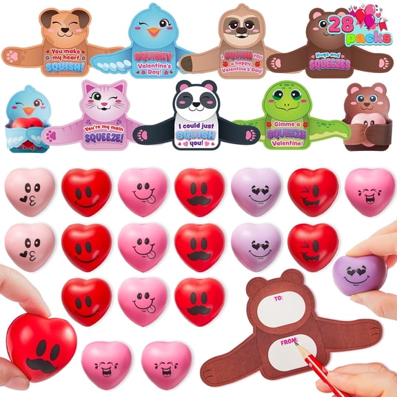 Joyfy 28-Pack Heart Shaped Stress Ball with Valentine's Day Card Heart Shaped Soft Toy Stress