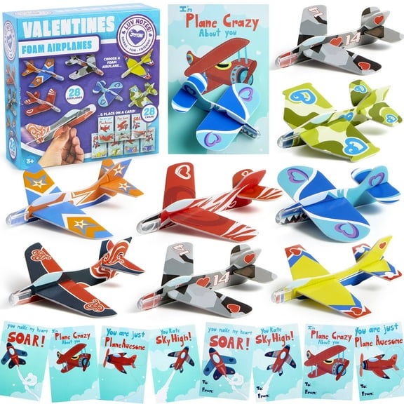 Joyfy 28 Packs Valentines Day Cards With Foam Airplanes for Kids Valentines School Class Favors Boys Exchange Toys Gifts