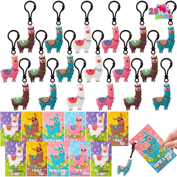 Joyfy 28 Pack Valentines Day Cards with Llama Keychain for Kids, Valentine's Classroom Exchange Gifts Valentines Party Favors
