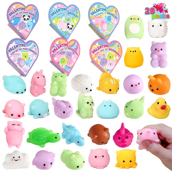 Joyfy 28 Packs Valentine Mochi Squishy Toys with Heart Boxes for Kids, Stress Relief Fidget Toys for Valentines Party Favors, School Classroom Exchange Cards Gifts