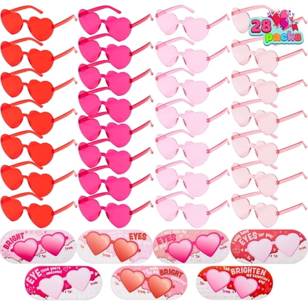 Joyfy 28 Packs Valentine's Day Cards with Heart Shaped Sunglasses for Kids, Valentines School Classroom Exchange Gifts, Valentines Party Favors