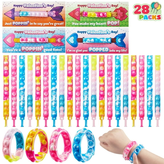 Joyfy 28 Packs Valentine's Day Cards with Pop Fidget Bracelet Toy Pop Bubble Fidget Toys for Kids Valentine School Classroom Exchange Gift Cards