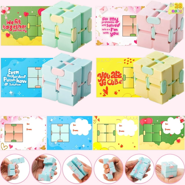 Joyfy 28 Packs Valentines Cards with Fidget Cube for Kids, Snake Cube Fidget Puzzles s for Kids Valentines Class Exchange Cards