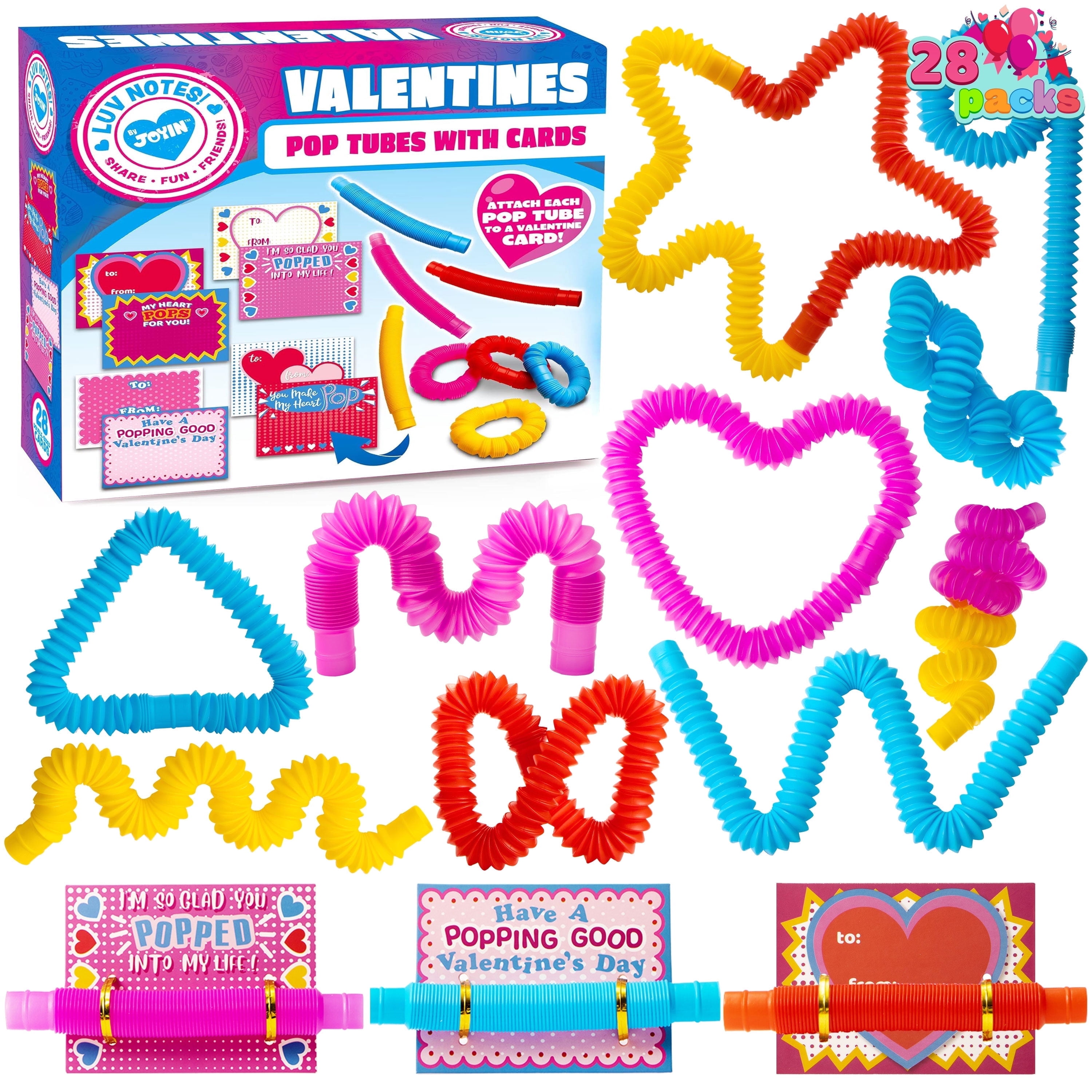 Joyfy 28 Packs Valentines Cards with Pop Tubes for Kids, Stress Relief Fidgets Toys for Valentines School Class Exchange Gifts for 2 to 8 Years
