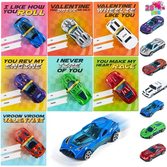 Joyfy 28 Packs Valentines Day Cards  for Kids with Die-Cast Racing Cars, Valentines School Classroom Exchange Party Favor Gift Supplies, Boys Valentine