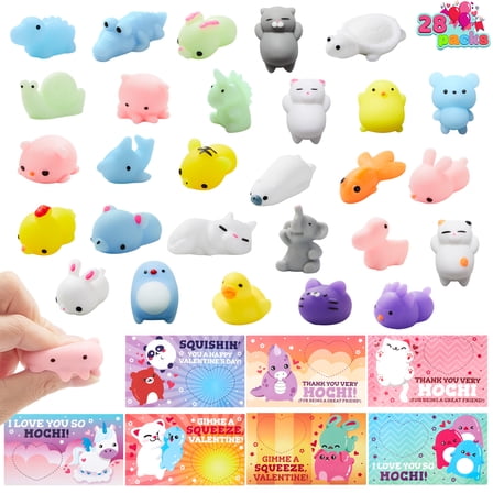 Joyfy 28 Packs Valentines Day Cards with Mochi Squishy Toys for Kids, Animals Stress Relief Fidget Toy for Kids School Classroom Exchange Cards, Valentine Party Favors