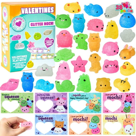 Joyfy 28 Packs Valentines Day Cards with Squishy Toys for Kids, Glitter Mochi Animal Squeeze Fidget Toys Valentines for Kids Class Favors Exchange Cards Gifts