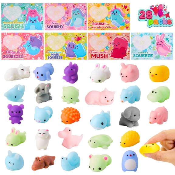 Joyfy 28 Packs Valentines Day Cards with Mochi Squishy Toys Gift Set, Animal Squeeze Fidget Toys for Kids Valentines School Class Exchange Cards, Valentine Party Favors