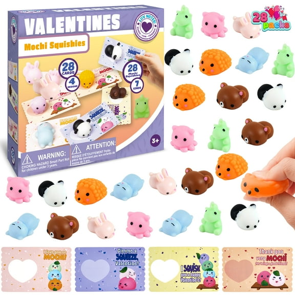 Joyfy 28 Packs Valentines Day Cards with Mochi Squishy Toys Set, Stress Relief Fidget Toys for Kids Valentine School Class Exchange Card Cute Gifts