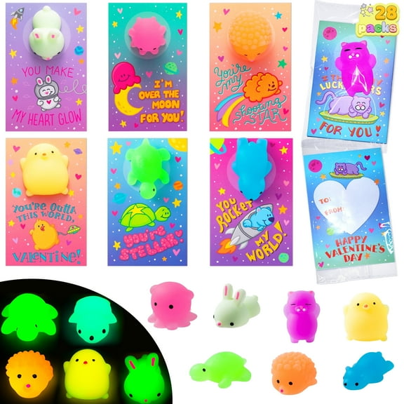 Joyfy 28 Packs Valentines Day Gift Cards with Mochi Squishy Toys , Squishies Glow in The Dark Fidget Toy for Kids Valentine School Class Cards