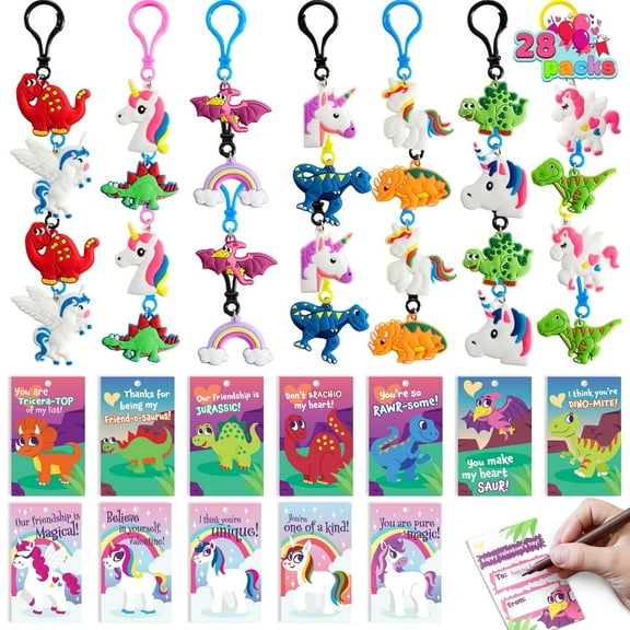 Joyfy 28 Packs Valentines Day Toys Set , Valentines Cards with Unicorn Dinosaur Gift Set for Kids, Valentines Classroom Exchange Cards