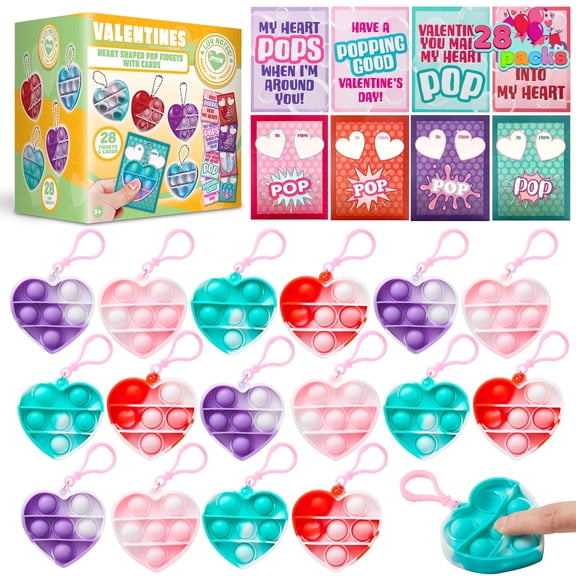 Joyfy 28 Packs Valentines Toy Set for Kids, Stress Relief Pop Bubble Fidget Toys, Valentines Exchange Pack, Valentines School Classroom Party Favors