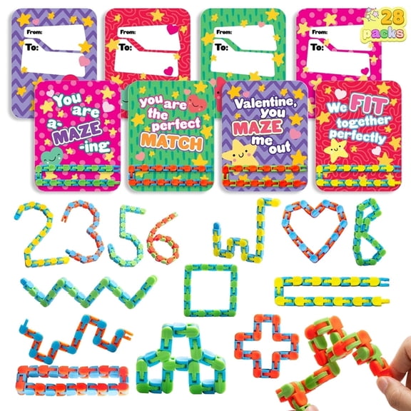 Joyfy 28 Packs Wacky Tracks with Valentines Day Cards, Twist Track Fingers Snake Puzzles Fidget s for Kids Valentines Class Exchange Cards Party Favors