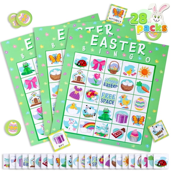 Joyfy 28 Players Easter Bingo Cards (5x5) and Markers, Easter Games for Kids, School Class Gift, Indoor Outdoor Family Group Games