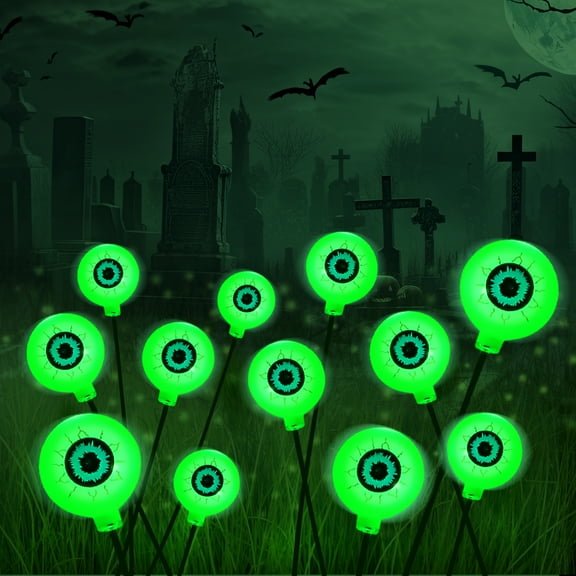 Joyfy 2 Pack Halloween Decorations Outdoor Solar Scary Eyeball Lights,Green Eyeball Swaying Firefly Lights,Waterproof Solar Halloween Path Lights for Yard Garden Lawn Decor
