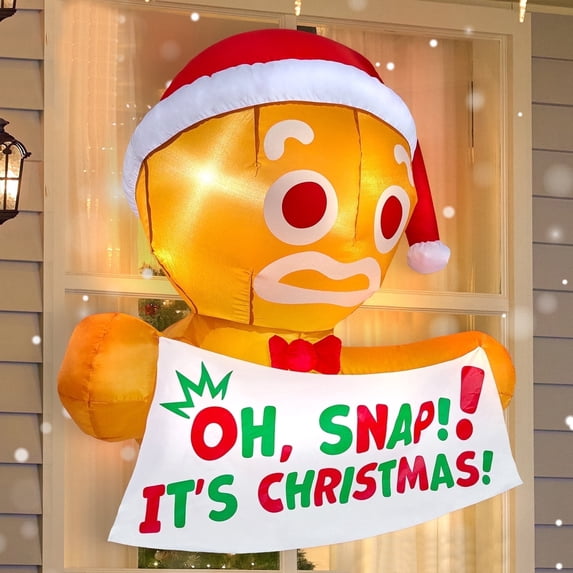 Joyfy 3.5 FT Christmas Inflatables Window Outdoor Decorations,Gingerbread Man with Oh Snap Banner Broke Out from Window Blow Ups Yard with Built-in LEDs for Holiday