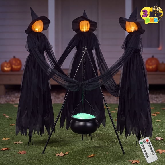Joyfy 5 FT Halloween Witch Decorations Outdoor, 3 Light Up Holding Hands Witches with Cauldron Yard Stakes with 8 Modes & Timer, LED Witch Cauldron on Tripod for Graveyard Yard Lawn Party Haunted Ho