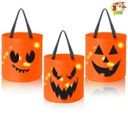 Joyfy 3 PCS Halloween Candy Bag,LED Light Pumpkin Candy Buckets for Kids,Halloween Trick or Treat Bucket with Pumpkin Smile Face for Halloween Party Favors Good