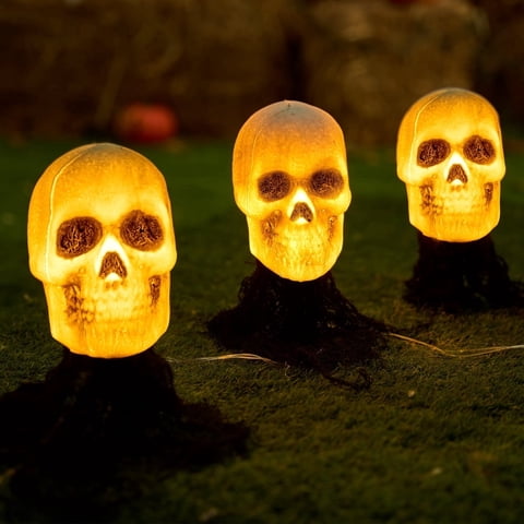Joyfy 3 Pack 3D Halloween Skull Head Pathway Lights Decorations Outdoor, Battery Operated Spooky Skeleton Decor with 3 Stakes for Home Front Porch Yard Decor