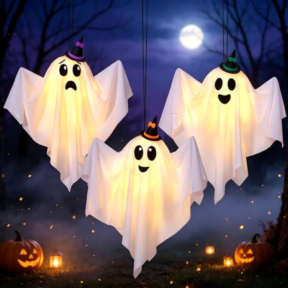 Joyfy 3Pcs Hanging Ghosts Halloween Decor,Halloween Light up Cute White Ghosts with Witch Hats and Various Expressions,Halloween Outdoor Yard Porch Decorations