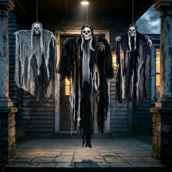 Joyfy 3 Pack Halloween Hanging Grim Reaper Decorations,53" & 31.5" Scary Skeleton Decor with Adjustable Arms for Indoor Outdoor Yard