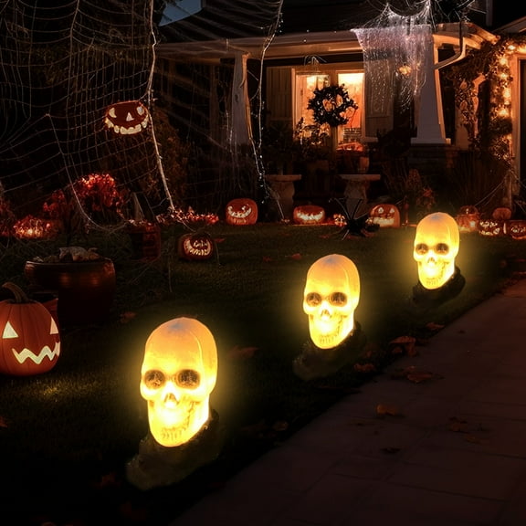 Joyfy 3 Pack Halloween Light up Skeleton Outdoor Decorations,Halloween Graveyard Spooky Skull Stakes Pathway Lights for Halloween Yard Decor
