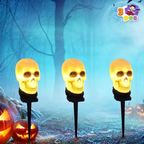 Joyfy 3 Pack Halloween Light up Skeleton Decorations Outdoor,Halloween Graveyard Spooky Skull Stakes Pathway Lights for Halloween Props Yard Decor