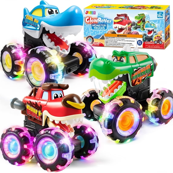 Joyfy 3 Pack Monster Truck Toy for Kids 2 4 - LED Wheels Car Vehicle Press & Go Dinosaur Toy Truck with Motion Activated Light for Toddler 1 3, Christmas Birthday Gift for Baby