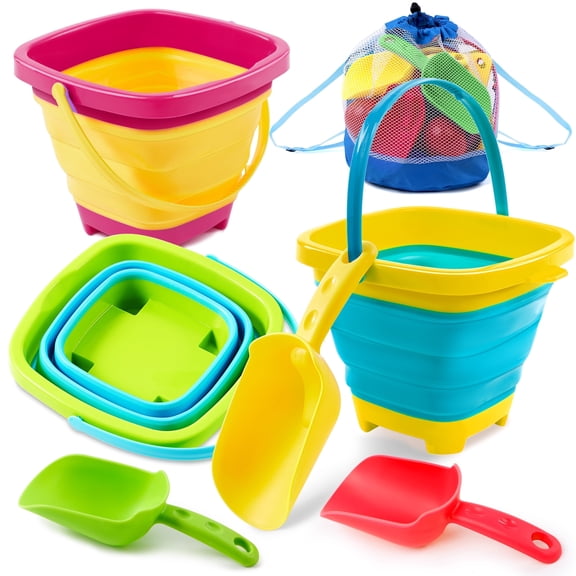 Joyfy 3 Packs Collapsible Bucket with Shovels & Mesh Bag, Multi-Purpose Kids sand toys for Beach, Camping Gear, Beach Parties, and Fun Summer Activities
