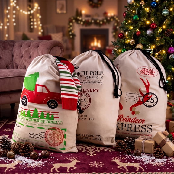 Joyfy 3 Pcs Christmas Santa Burlap Sack 26" x 19" Large Canvas Drawstring Gift Bag with Reusable Cloth Pouch for Xmas Presents Package, Event Party Supplies, Party Favor Decorations