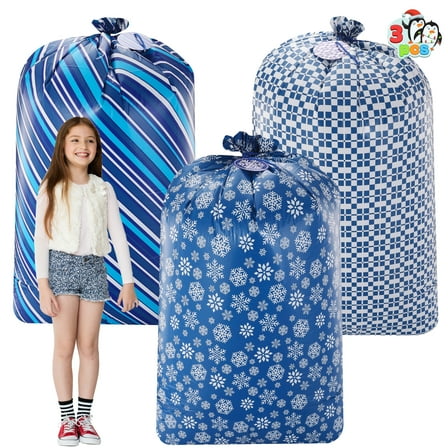 Joyfy 3 Pcs 56”x36”Jumbo Christmas Gift Bag Parties Blue for Xmas Large Holiday Plastic Gift Bag Christmas Decorations Carry-on Luggage Large Toys and Stuffed Animals