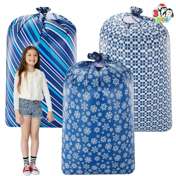 Joyfy 3 Pcs 56”x36”Jumbo Christmas Gift Bag Parties Blue for Xmas Large Holiday Plastic Gift Bag Christmas Decorations Carry-on Luggage Large Toys and Stuffed Animals