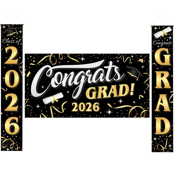 Joyfy 3 Pcs Large Graduaiton Banners Set, Class of 2026 Graduation Decorations, Gold & Black Congrats Grad Party Backdrop and Banner Hanging Porch Supplies for College Graduation Indoor/Outdoor Decor