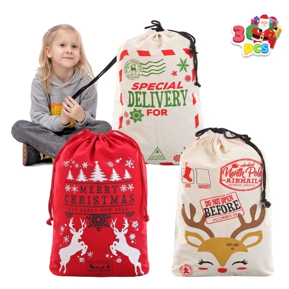 Joyfy 3 Pcs Santa Burlap Sack Christmas Canvas Gift Bags with Drawstring 26" x 19" for Large Xmas Package Storage, Event Party Supplies, Christmas Party Favors
