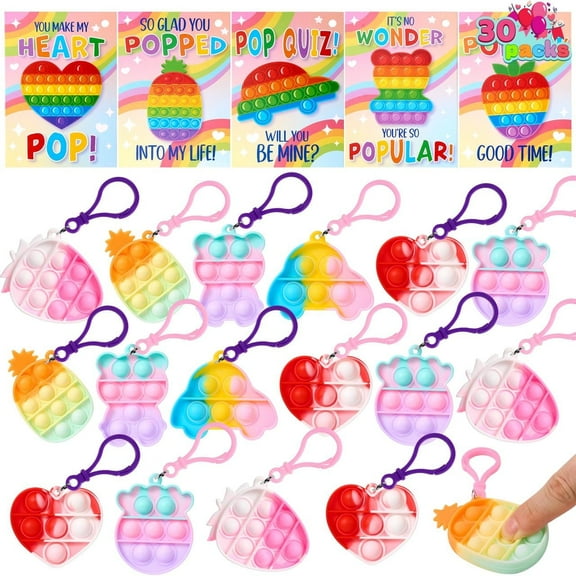 Joyfy 30 Packs Valentine’s Day Cards with Pop Bubble Keychain for Kids, Stress Relief Fidget Toys for Kids Valentines Party Favors and Classroom Exchange Gifts