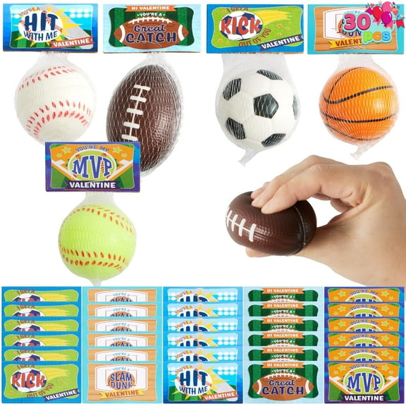 Joyfy 30 Packs Valentines Cards with Mini Sports Ball for Kids Boys, Figure Stress Balls Squeeze Foam Balls Bouncy Balls Toys for Valentines School Class Exchange Card, Party Favors