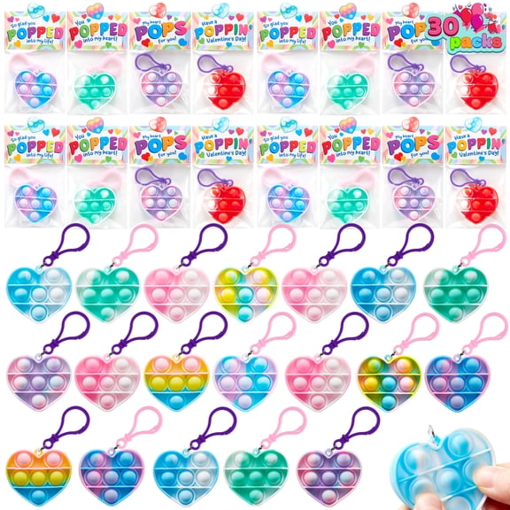 Joyfy 30 Packs Valentines Day Gift Cards with Heart Pop Bubble Keychain, Mini Pop Squeeze Toys, Stress Relief Fidget Toys for Kids Party Favors, Classroom Exchange and Game Prizes