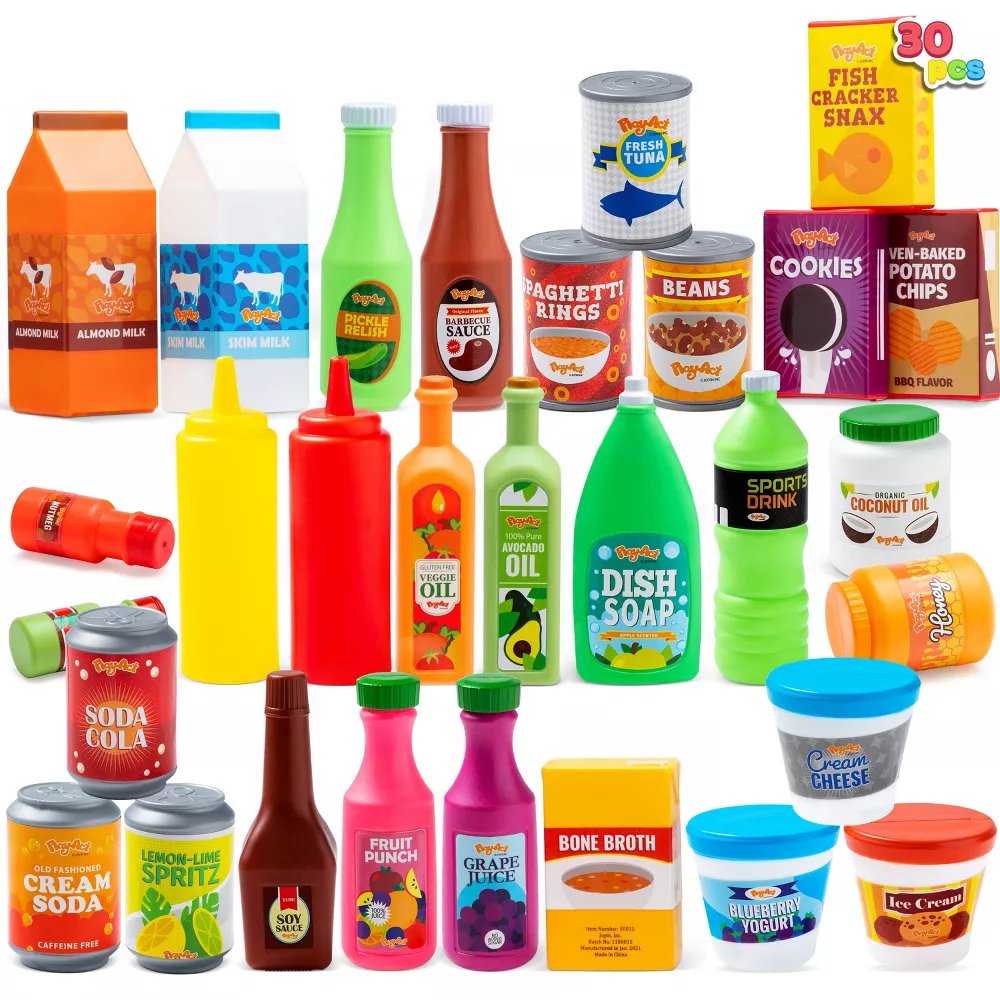 Joyfy 30 Pcs Play Food Grocery Cans for Kids, Play Kitchen Accessories, Kids Indoor Toys for Christmas Birthday Gift
