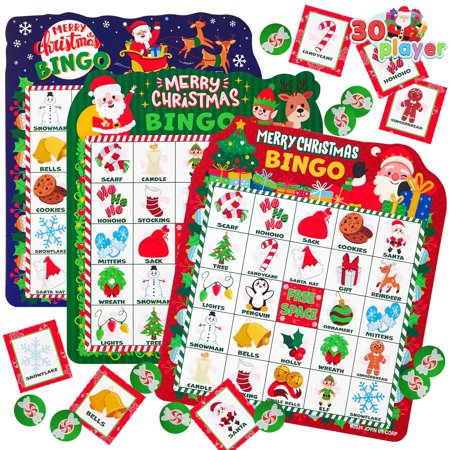 Joyfy 30 Players Christmas Bingo Cards for Kids Family Activities, 3 Colors Party Card Games, School Classroom Games, Holiday Winter Bingo for Xmas Party Supplies Adults Indoor Party Games