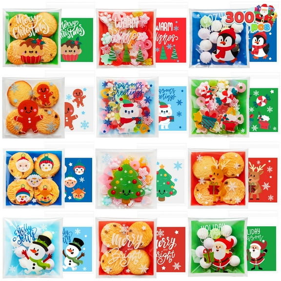 Joyfy 300 Pcs Christmas Cookie Bags Self-adhesive Candy Bags Plastic Cellophane Treat Bags for Holiday Treats, Christmas Party Favors Supplies, Cute Christmas Cello Gift Bags, Xmas Goodie Bags
