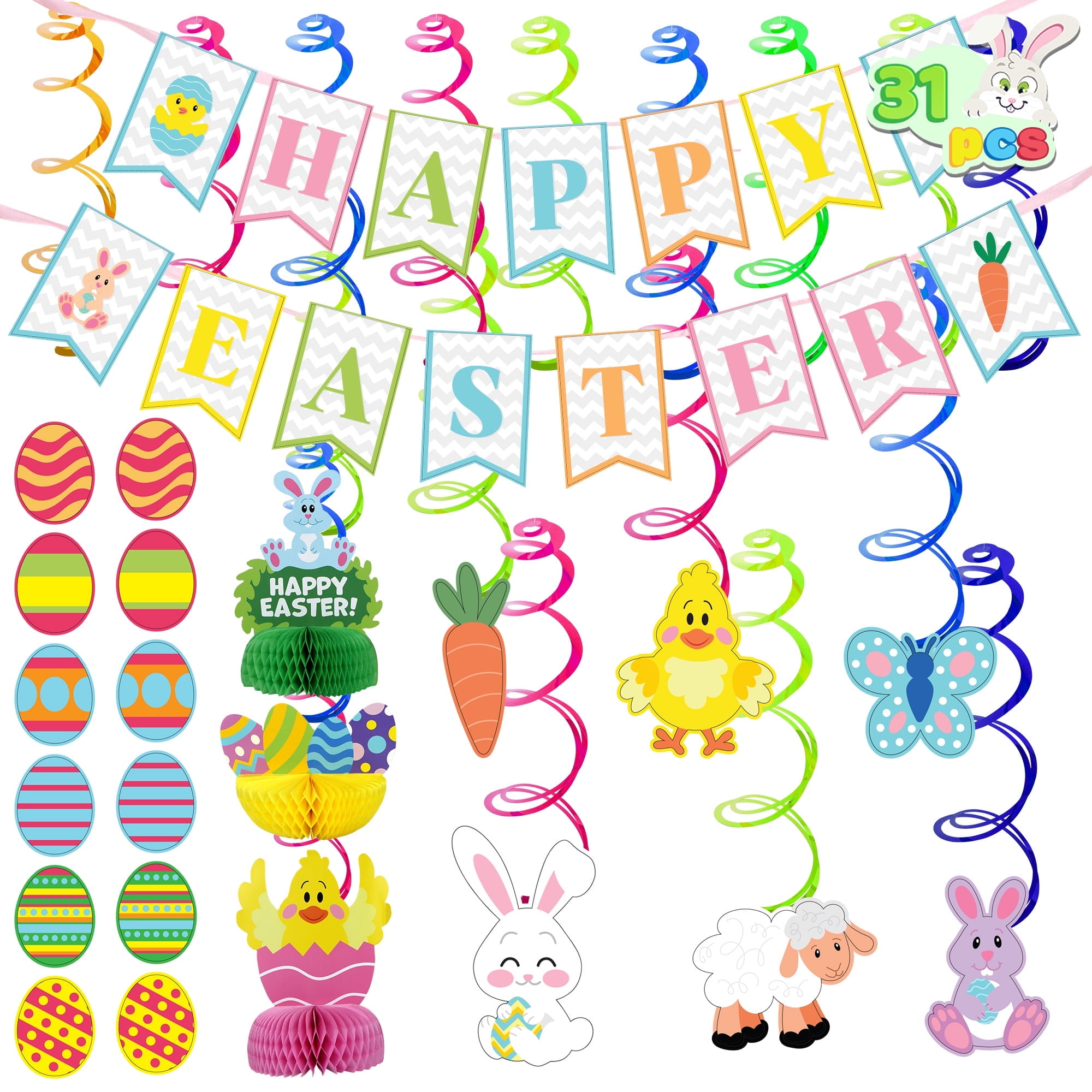 Joyfy 31 Pcs Easter Decorations,Cutouts Swirls Garland,Tissue Fans & Tissue Poms,Egg Bunny Foil Swirl,Hanging Easter Decor Home/Office Party Supplies