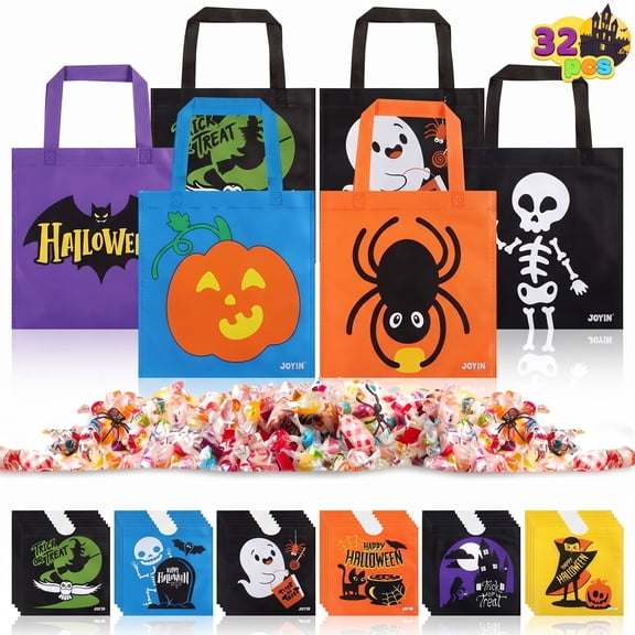 Joyfy 32 PCS Non-Woven Halloween Tote Gift Bags for Kids, 6 Design Trick or Treat Bags for Classroom Party Favor Supplies, Halloween Goodie Bag Bulk