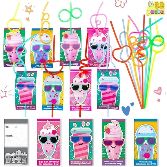 Joyfy 32 Packs Valentines Day Cards with Colorful Crazy Loop Reusable Drinking Straws for Kids, Valentines School Class Exchange Cards for Girls Boys, Valentines Party Favors