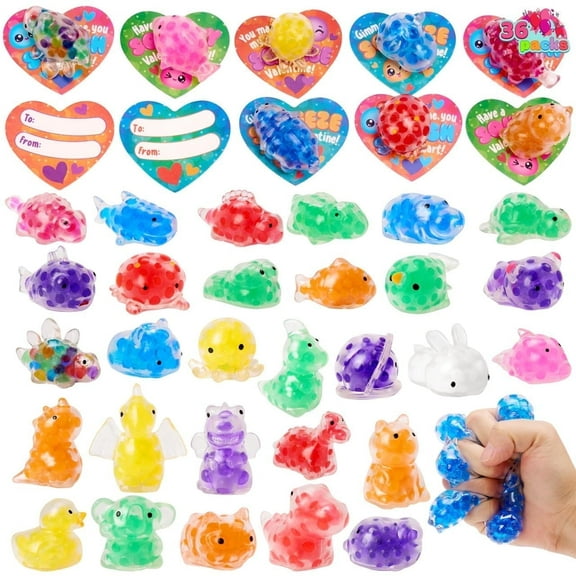 Joyfy 36 Packs Valentine's Day Cards with Jelly Mochi Squishy Toys for Kids, Mini Critter Squeeze Balls, Stress Relief Fidget Toys for Valentines Party Favors Classroom Exchange Gifts