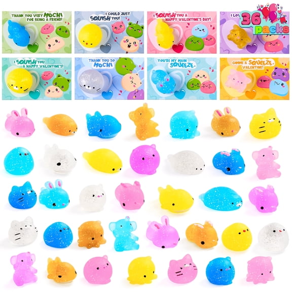 Joyfy 36 Packs Valentines Day Gift Cards with Glitter Mochi Squishy Toys, Stress Relief Fidget, Cute Mochi Squeeze Toys for Kids Party Favors, Classroom Exchange and School Prize