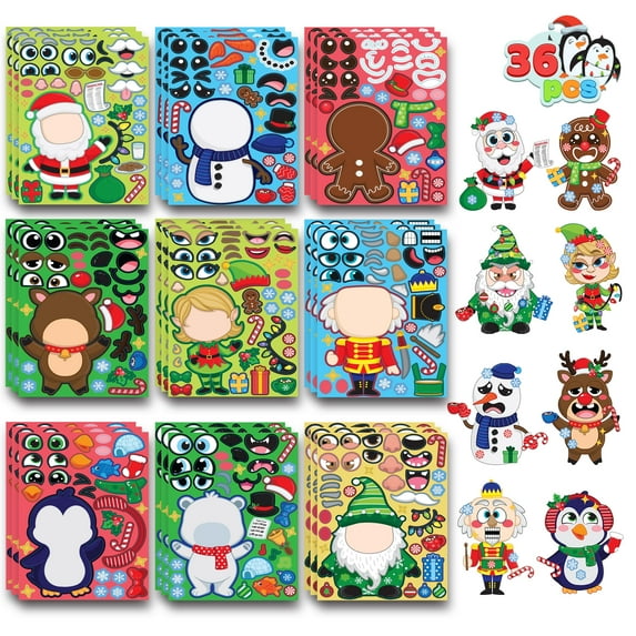 Joyfy 36 Pcs Christmas Make-a-face Sticker Sheet for Kids, Make Your Own Arts & Crafts Christmas Mix & Match Gifts for Kids School Activities Party Supplies