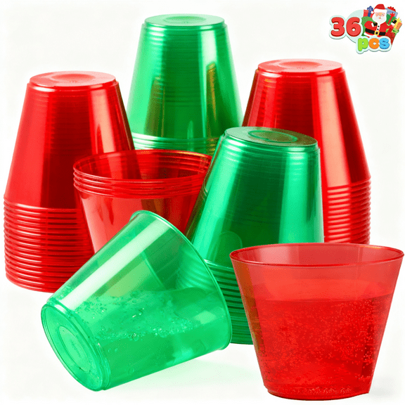 Joyfy 36 Pcs Christmas Plastic Cups,9 OZ Clear Red and Green Plastic Drinking Cups, Christmas Cups Disposable for Xmas Party Supplies