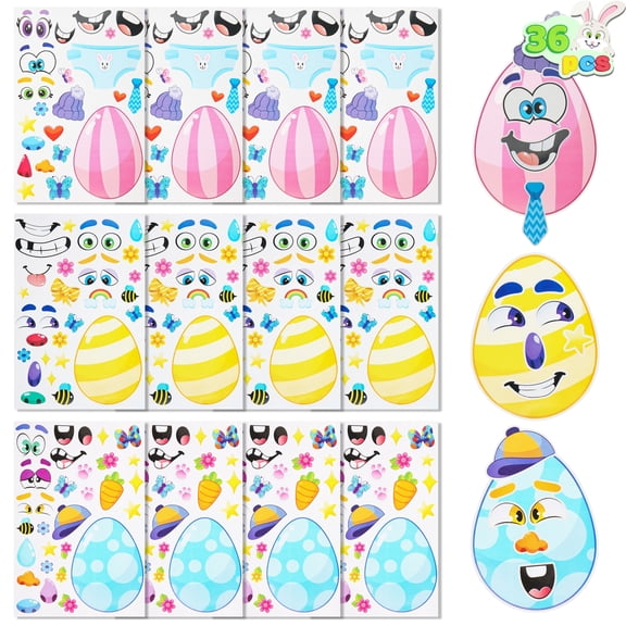 Joyfy 36 Pcs Easter Stickers for Kids,Make A Face Sticker Sheets with Funny Easter Eggs Themed Easter Party Favors Crafts