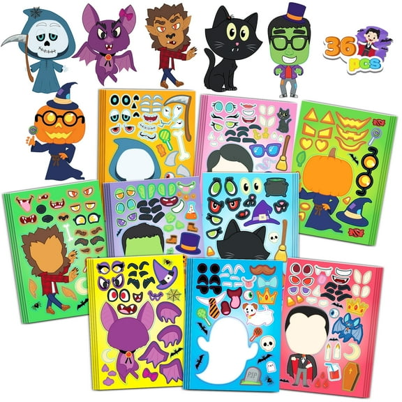 Joyfy 36 Pcs Halloween Stickers Make a Face Halloween Characters Stickers for Kids,Witch Vampire Self Adhesive DIY Decorations Stickers Fall Stickers Party Favors for Kids,Halloween Craft